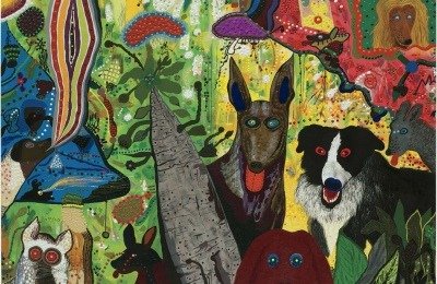 Roy De Forest, Country Dog Gentlemen, 1972; polymer on canvas, 66.75 x 97 in. (169.55 cm x 246.38 cm); Collection SFMOMA, Gift of the Hamilton-Wells Collection; © Estate of Roy De Forest/Licensed by VAGA, New York