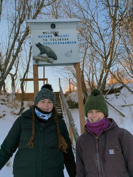 Veterinary students Roxane Aflalo and Angela Molli in Tuluksak, Alaska. (UAF/CSU photo)